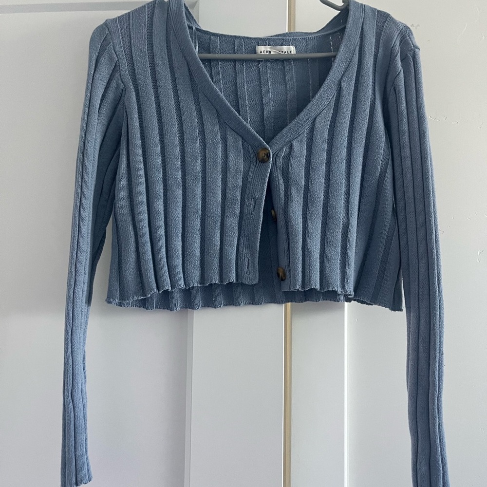 Blue Ribbed Cardigan Sweater